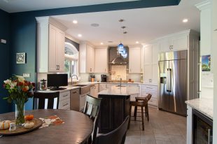 Traditional Style Ross Township Kitchen Using Shaker Doors with White Painted Finish on Island.