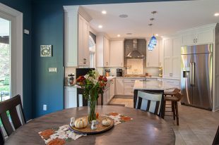 Traditional Style Ross Township Kitchen Using Shaker Doors with White Painted Finish on Island.
