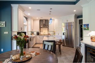 Traditional Style Ross Township Kitchen Using Shaker Doors with White Painted Finish on Island.
