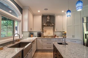 Traditional Style Ross Township Kitchen Using Shaker Doors with White Painted Finish on Island.