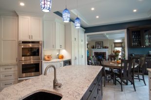 Traditional Style Ross Township Kitchen Using Shaker Doors with White Painted Finish on Island.