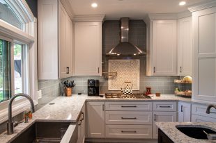 Traditional Style Ross Township Kitchen Using Shaker Doors with White Painted Finish on Island.