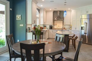 Traditional Style Ross Township Kitchen Using Shaker Doors with White Painted Finish on Island.