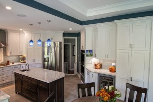 Traditional Style Ross Township Kitchen Using Shaker Doors with White Painted Finish on Island.