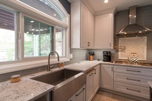 Traditional Style Ross Township Kitchen Using Shaker Doors with White Painted Finish on Island.
