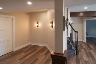 Traditional finished Murrysville Basement using Warmer Tones throughout.
