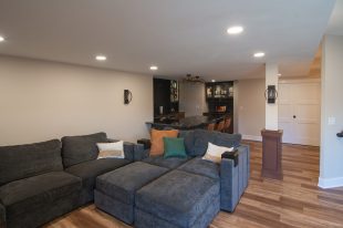 Traditional finished Murrysville Basement using Warmer Tones throughout.