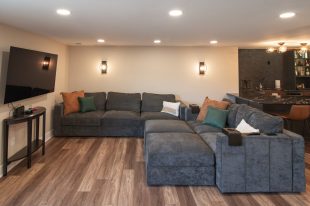 Traditional finished Murrysville Basement using Warmer Tones throughout.