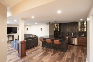 Traditional finished Murrysville Basement using Warmer Tones throughout.